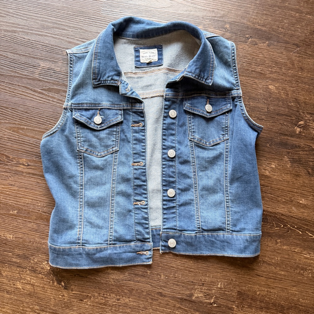 Wax Jean Denim Vest Size Large Medium Wash Sleeveless Trucker Jacket Snap Front